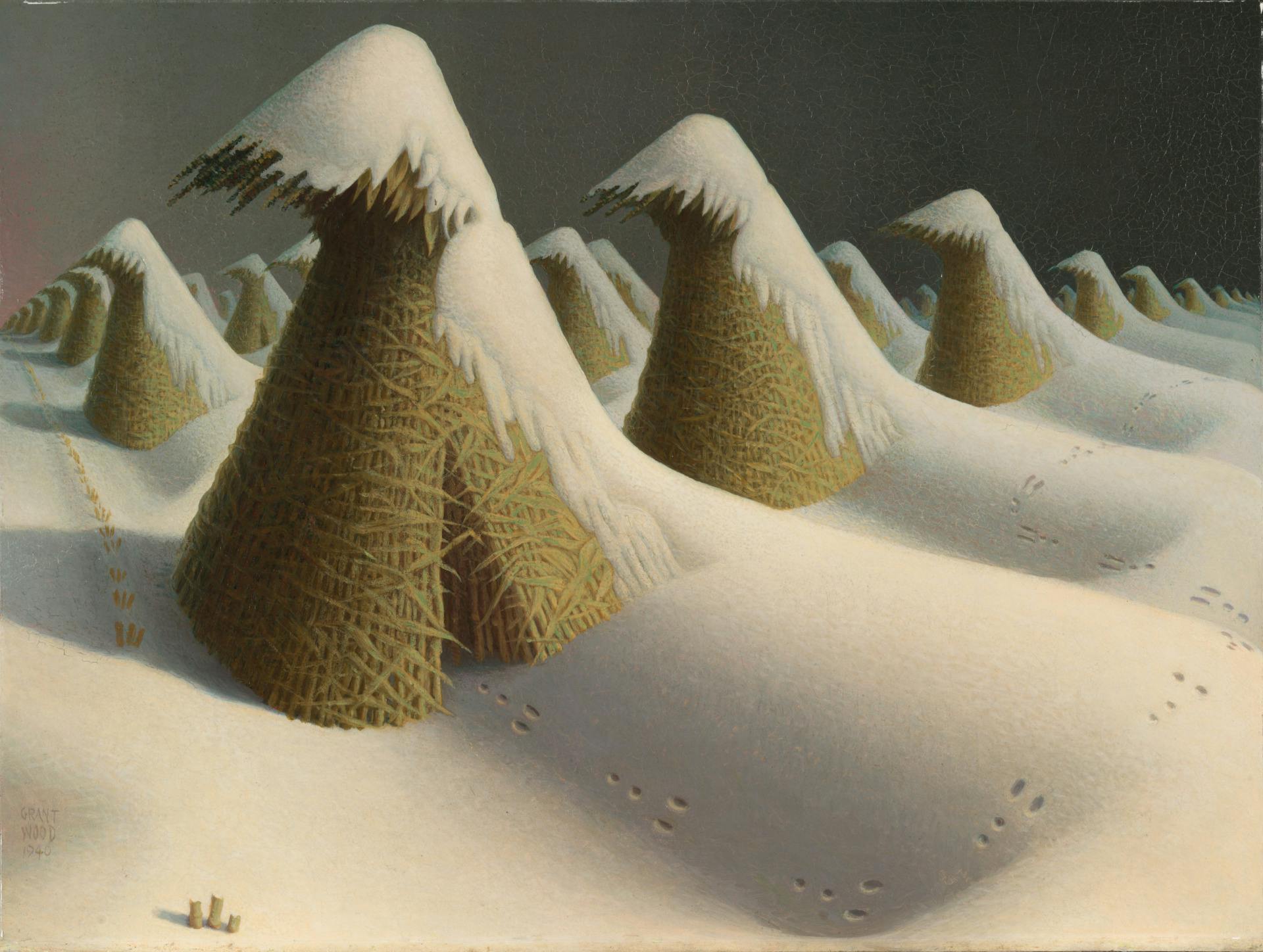 painting of a snowy field with several haystacks in a row
